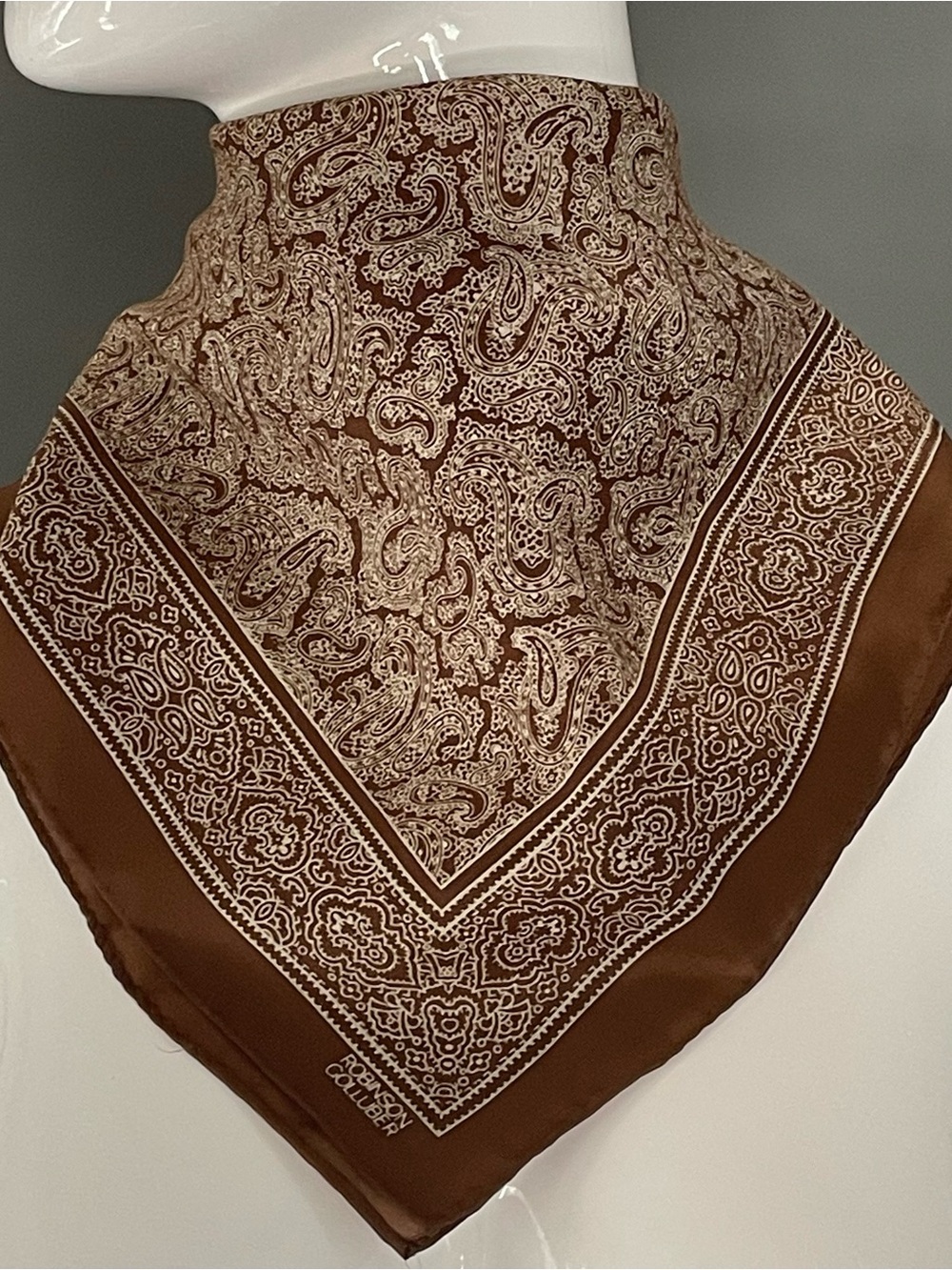 Vintage 70s Robinson Golluber Brown Paisley Print Poly Scarf Bandana